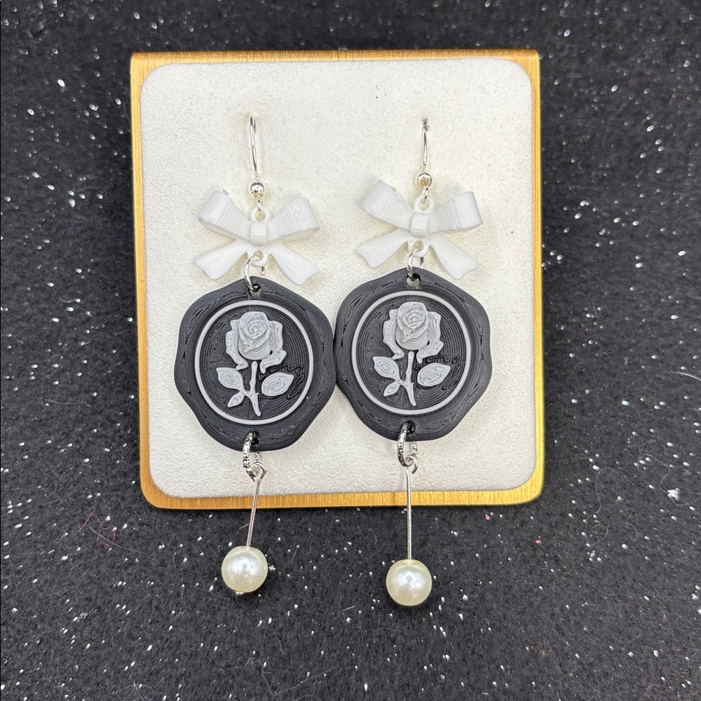 Black & Silver Rose Stamp Earrings with White Bow & Pearl Drop - Picture 5 of 5